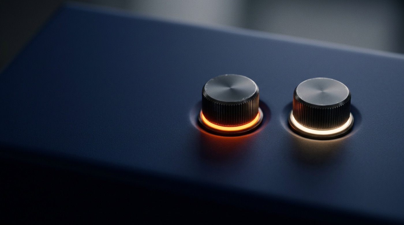 Two control dials on a navy console, one glowing orange and one soft white