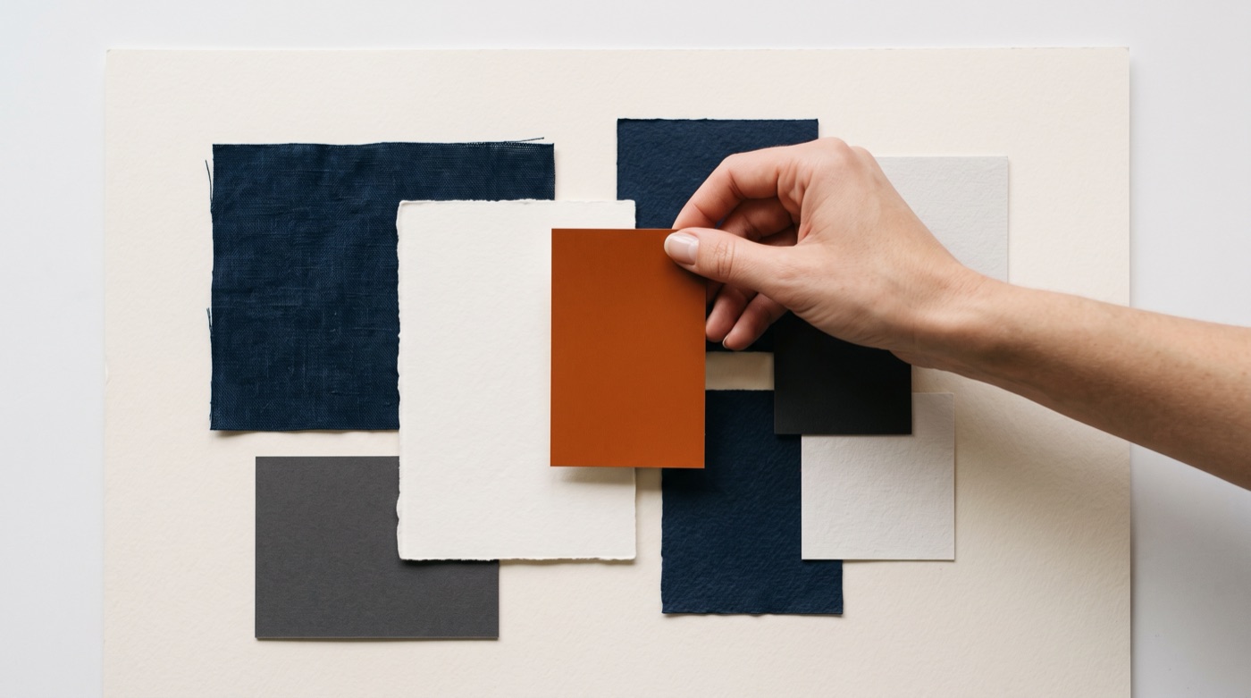 A hand placing a burnt-orange swatch onto a moodboard of navy, off-white and charcoal samples