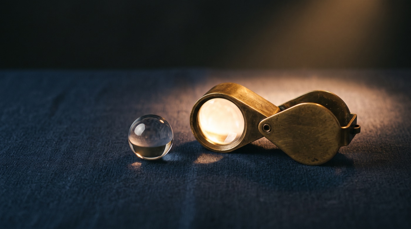 A brass jeweler's loupe beside a glass sphere on navy linen under a warm spotlight