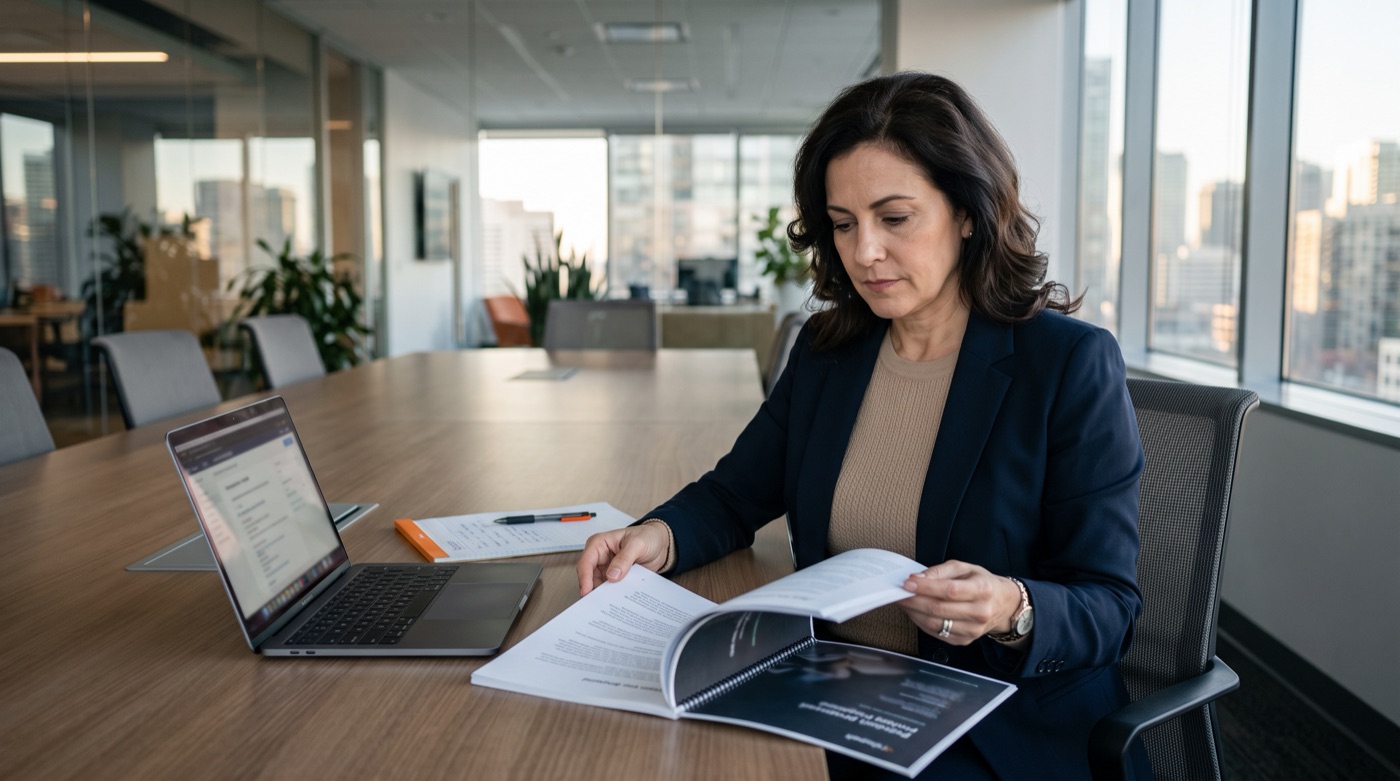 A marketing director at a meeting table leafing through an agency's proposal documents with a thoughtful expression