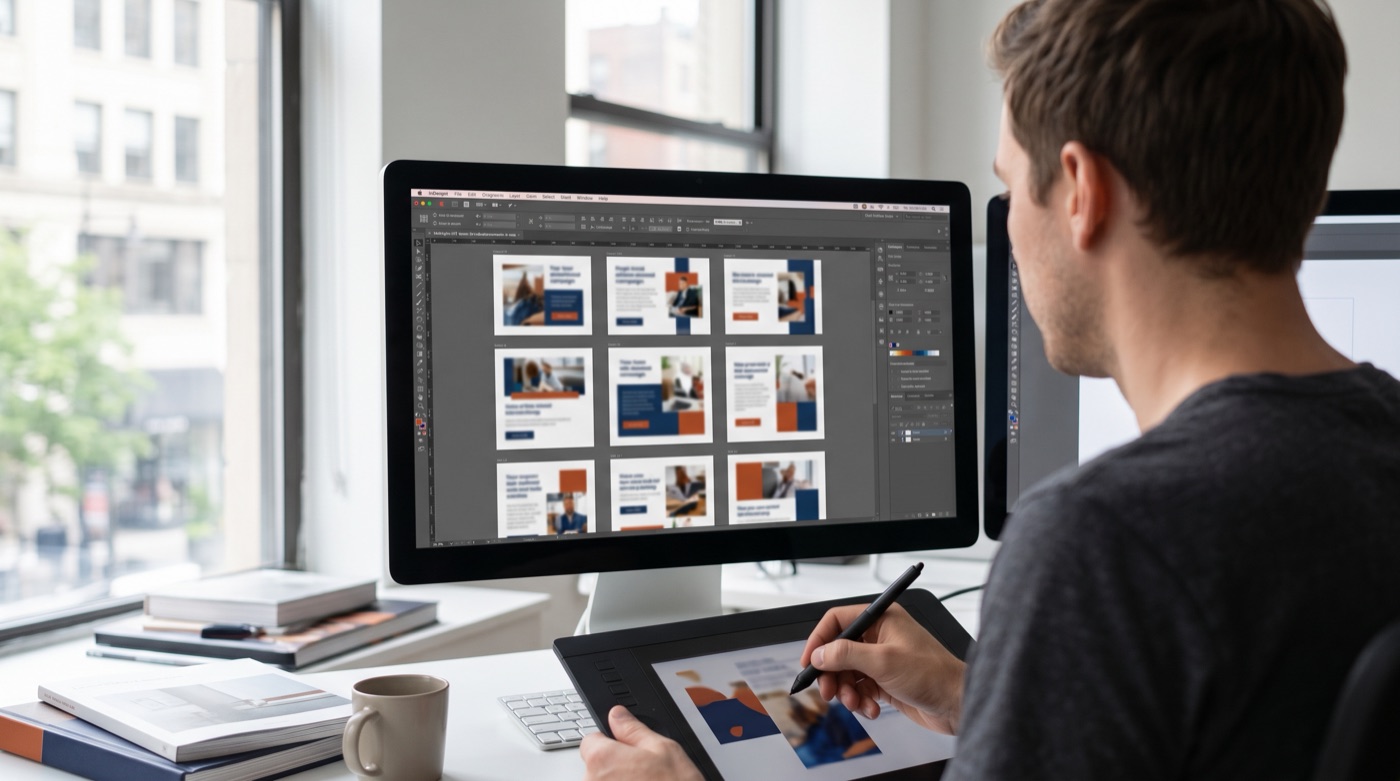 A designer at a monitor reviewing several versions of the same ad, stylus in hand