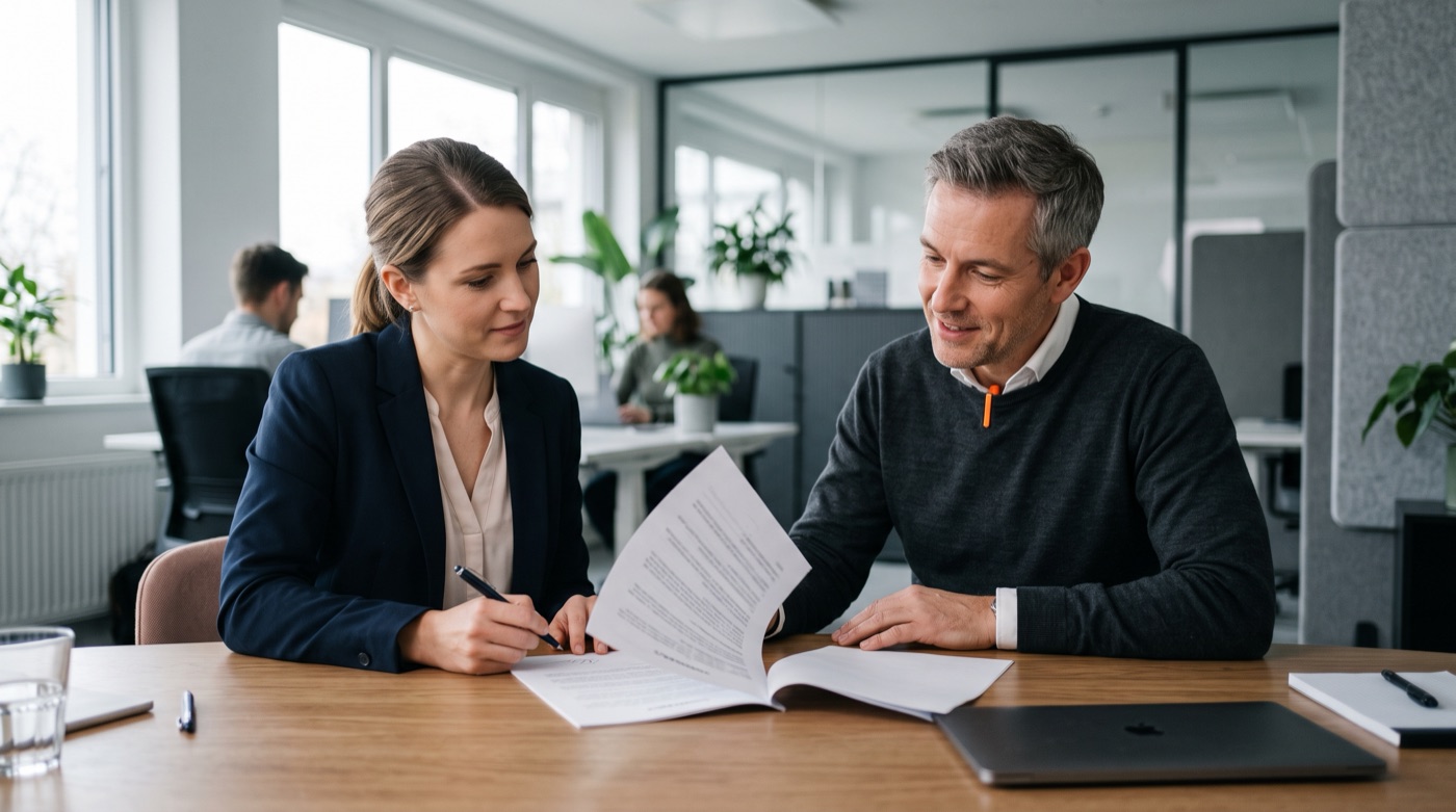 A brand owner and an agency representative across a meeting table reviewing a contract together