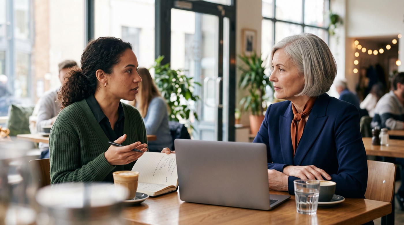 A small brand founder holding a notebook, talking face to face with a design consultant at a café table
