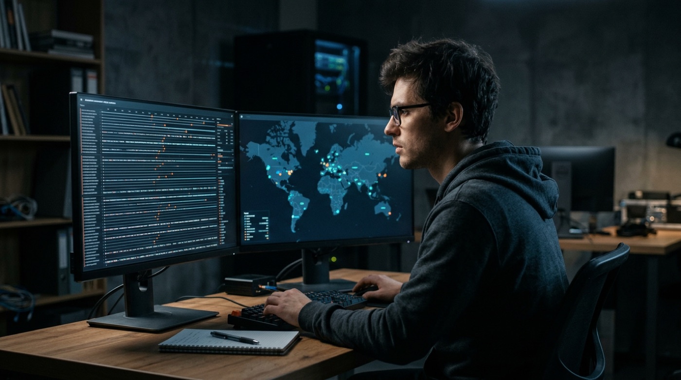 A security researcher in a dim office watching two monitors of automated sessions attacking several e-commerce sites