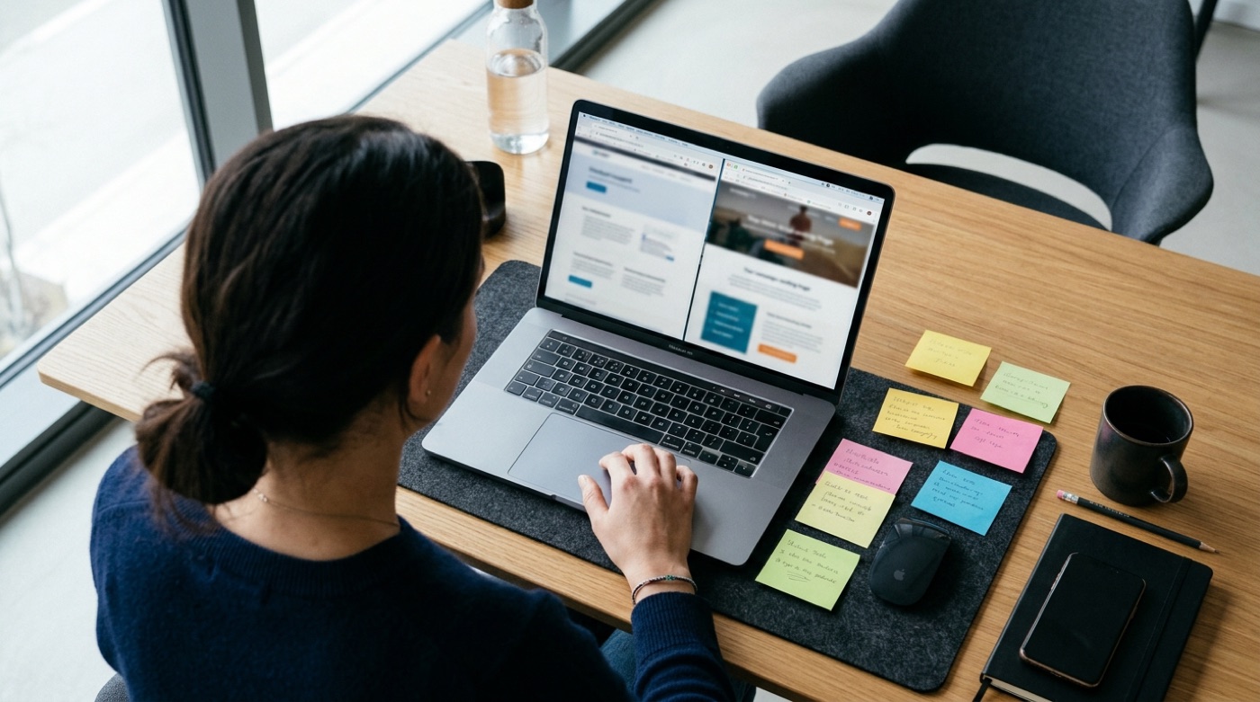 A marketer at a laptop with a forgotten product-support microsite and an old campaign page open side by side