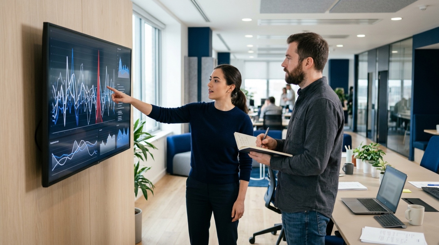 A two-person operations team reviewing a security alert dashboard on a wall screen, one pointing at a spike while the other takes notes