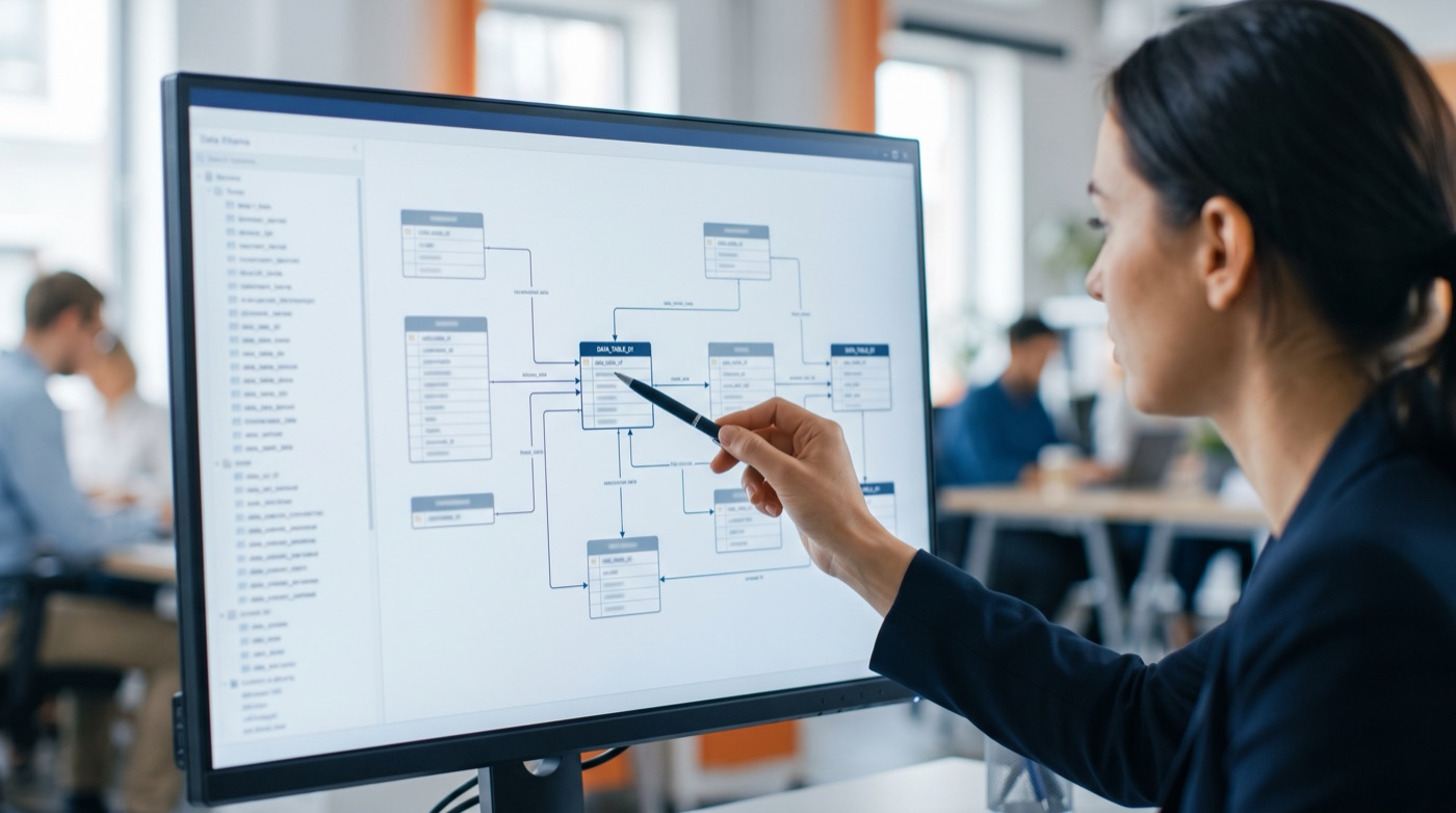 An administrator pointing a pen at a diagram of connected data tables on a monitor
