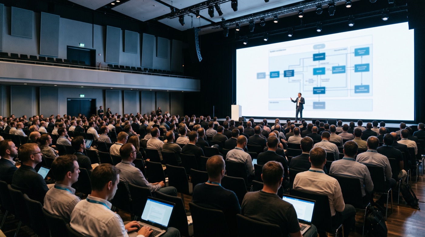 A large technology conference with a speaker on stage in front of a big screen showing connected system blocks, the audience seated below