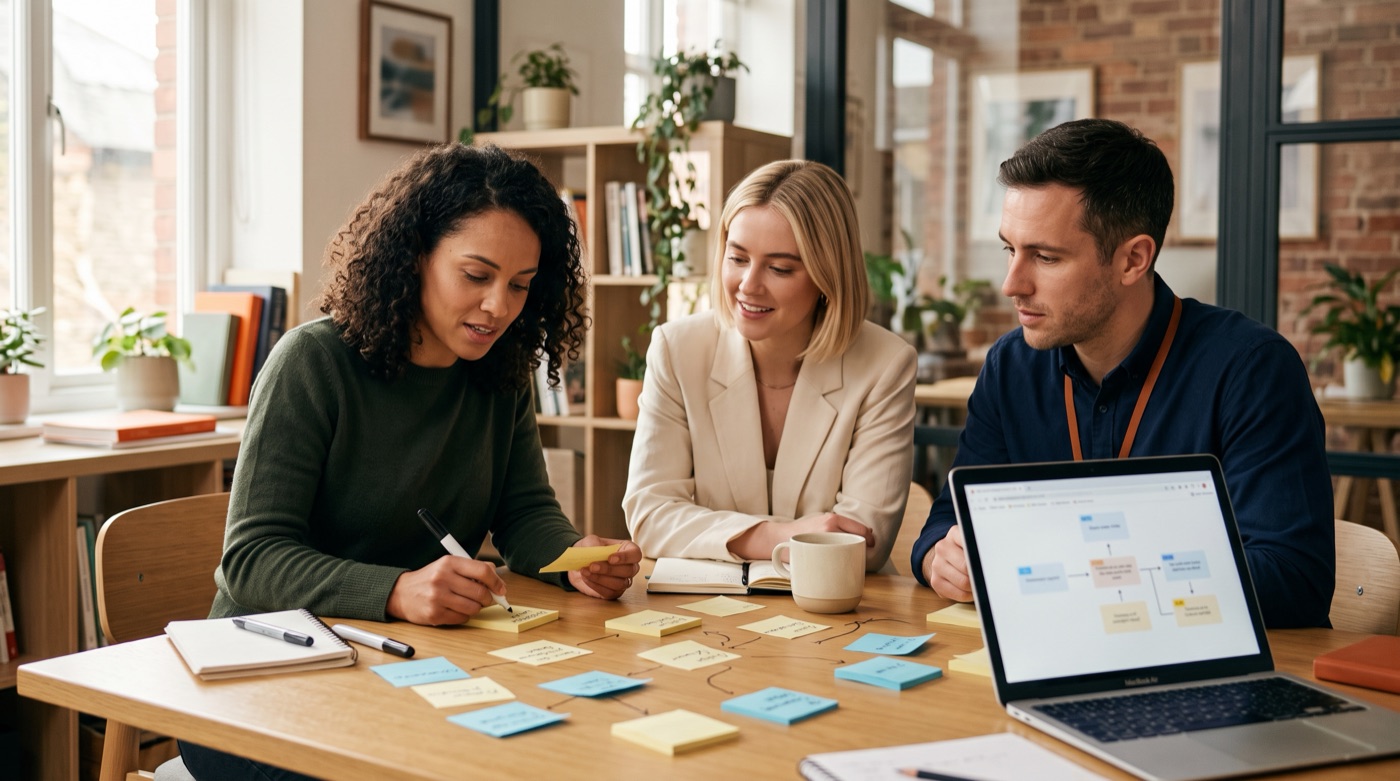 Three colleagues in a small office gathered around a table, mapping out company procedures on a laptop and sticky notes