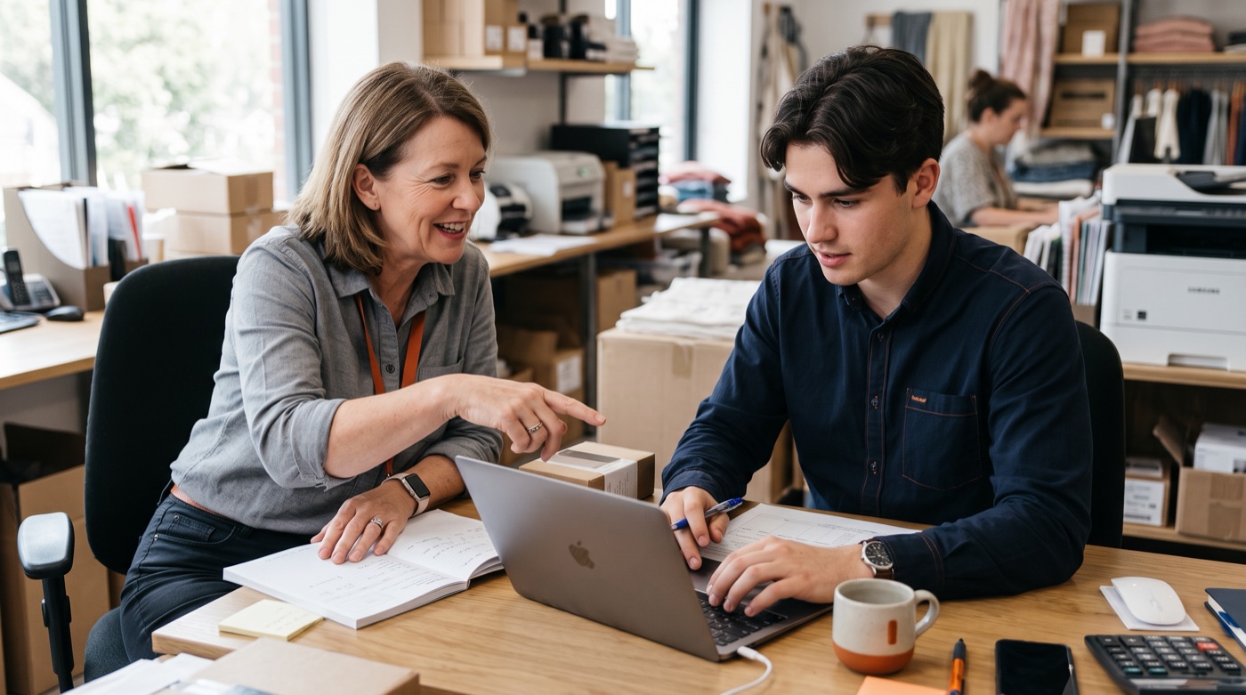 A shop owner at a back-office desk explaining how an order is handled while an employee types it into a laptop