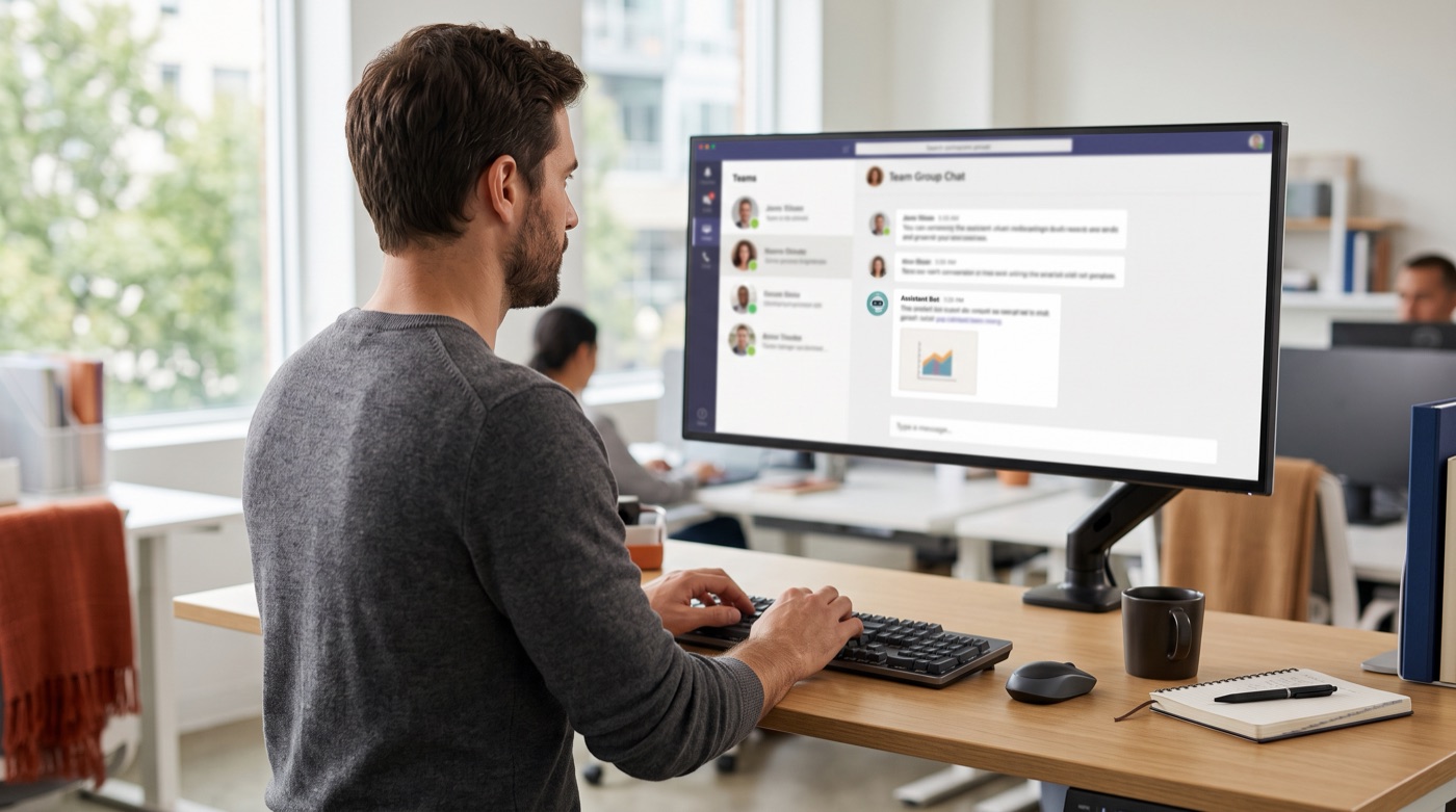 An employee typing in a team group chat on a large monitor, where an AI assistant account has replied with a chart