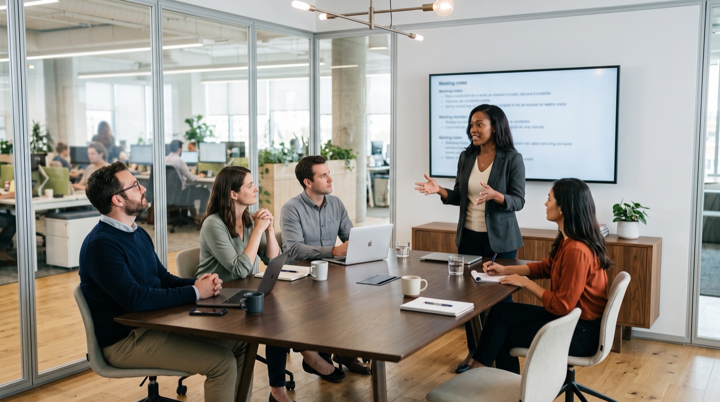 A five-person project team talking in a glass meeting room while the wall screen lists meeting notes live