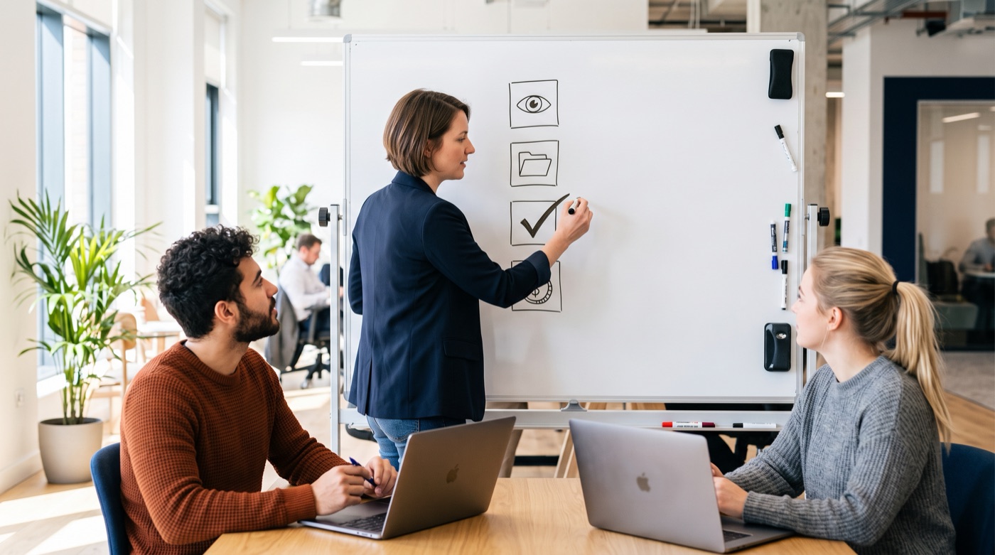 A team lead drawing four icon boxes on a whiteboard to walk two colleagues through the pre-rollout checklist