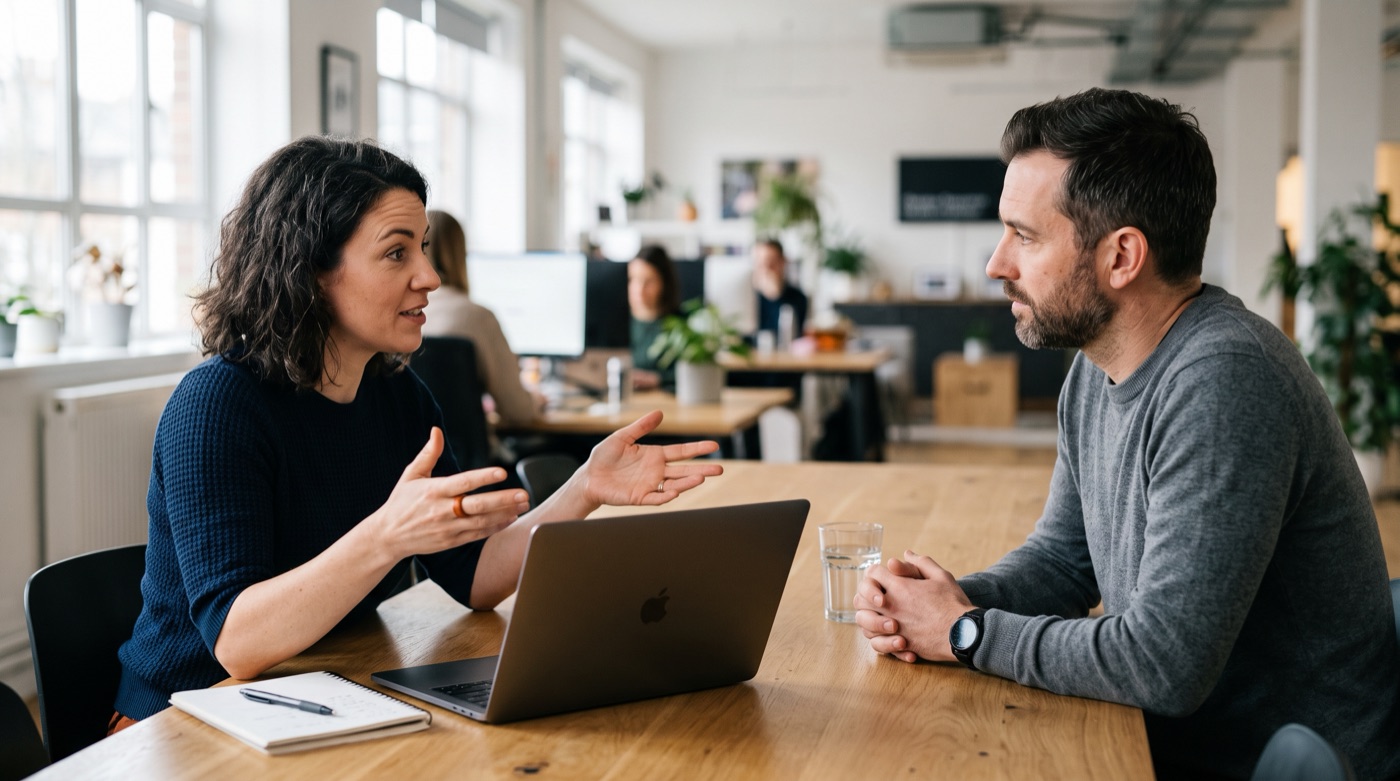 Two colleagues talking across a meeting table, one listening closely while the other explains with open hands