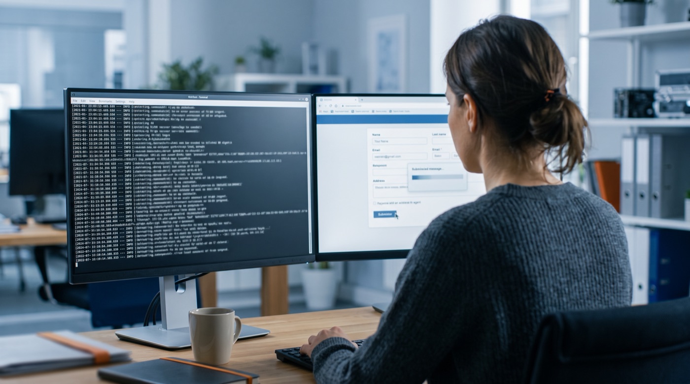 A researcher watches activity logs as an AI agent submits a web form on the next screen