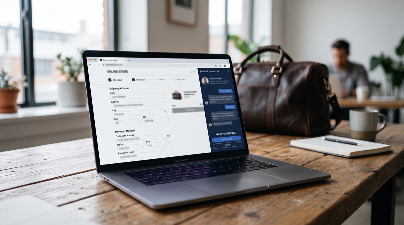 An AI agent panel prepares an online checkout and waits for purchase approval