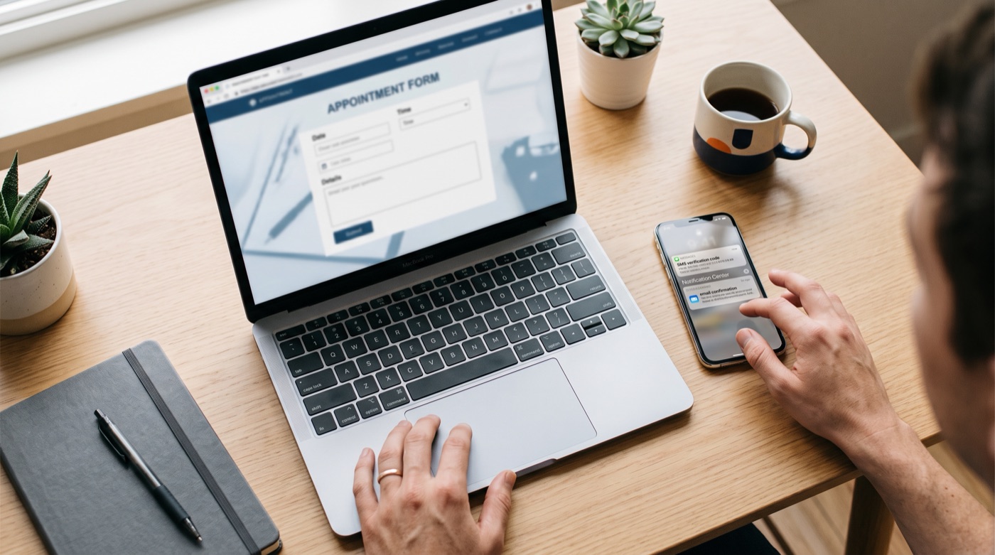 A booking form on a laptop is confirmed with a verification code on a phone