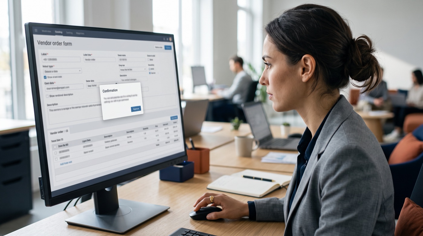 A team lead reviews a confirmation dialog before approving an order an AI agent filled in