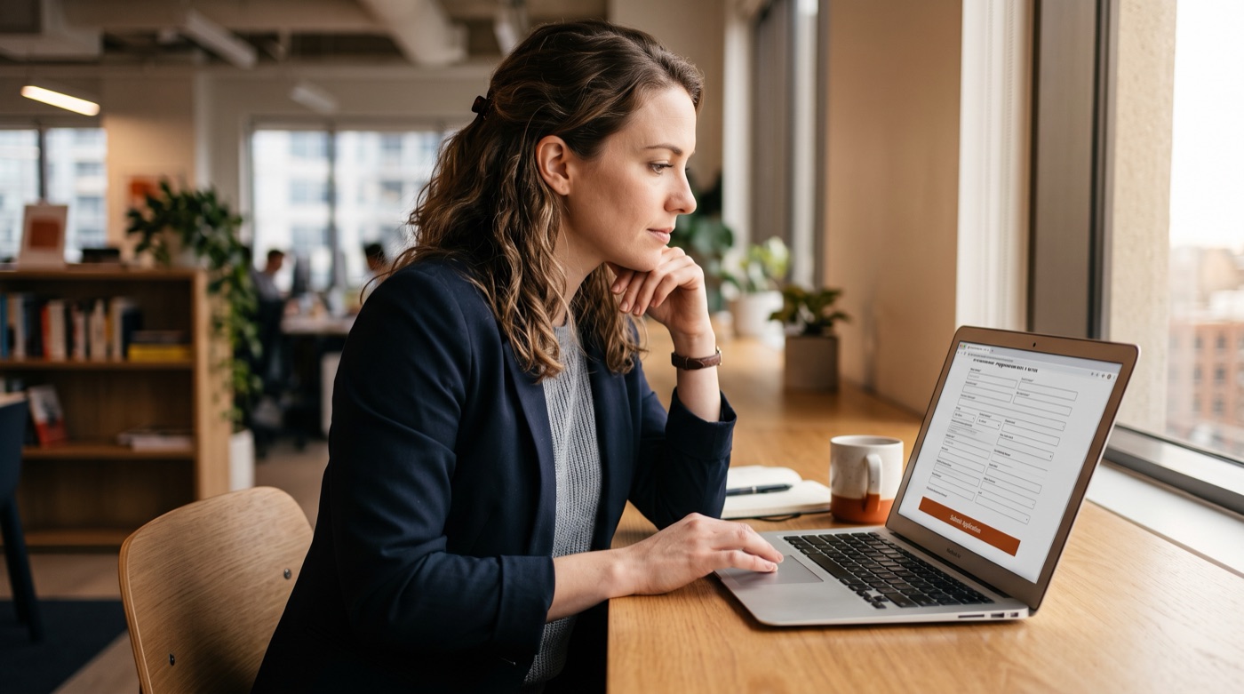 A professional reads through a form an AI assistant completed before pressing Submit herself