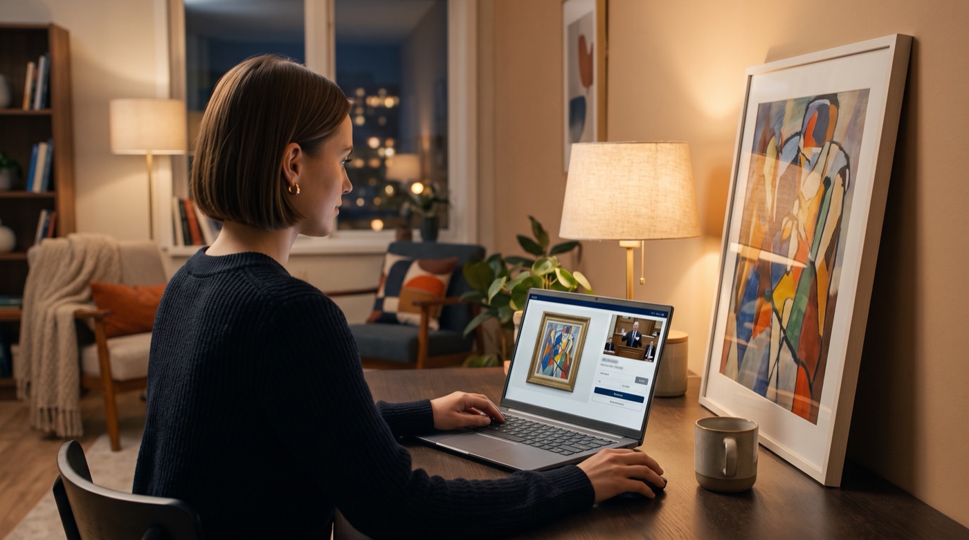 A young collector at home bidding in an online art auction on a laptop, a framed painting leaning against the wall