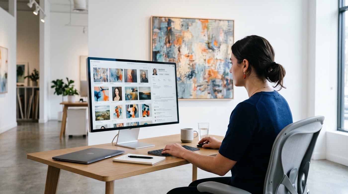 A gallery sales associate reviewing collector profiles and artwork thumbnails on a large monitor, an abstract painting behind