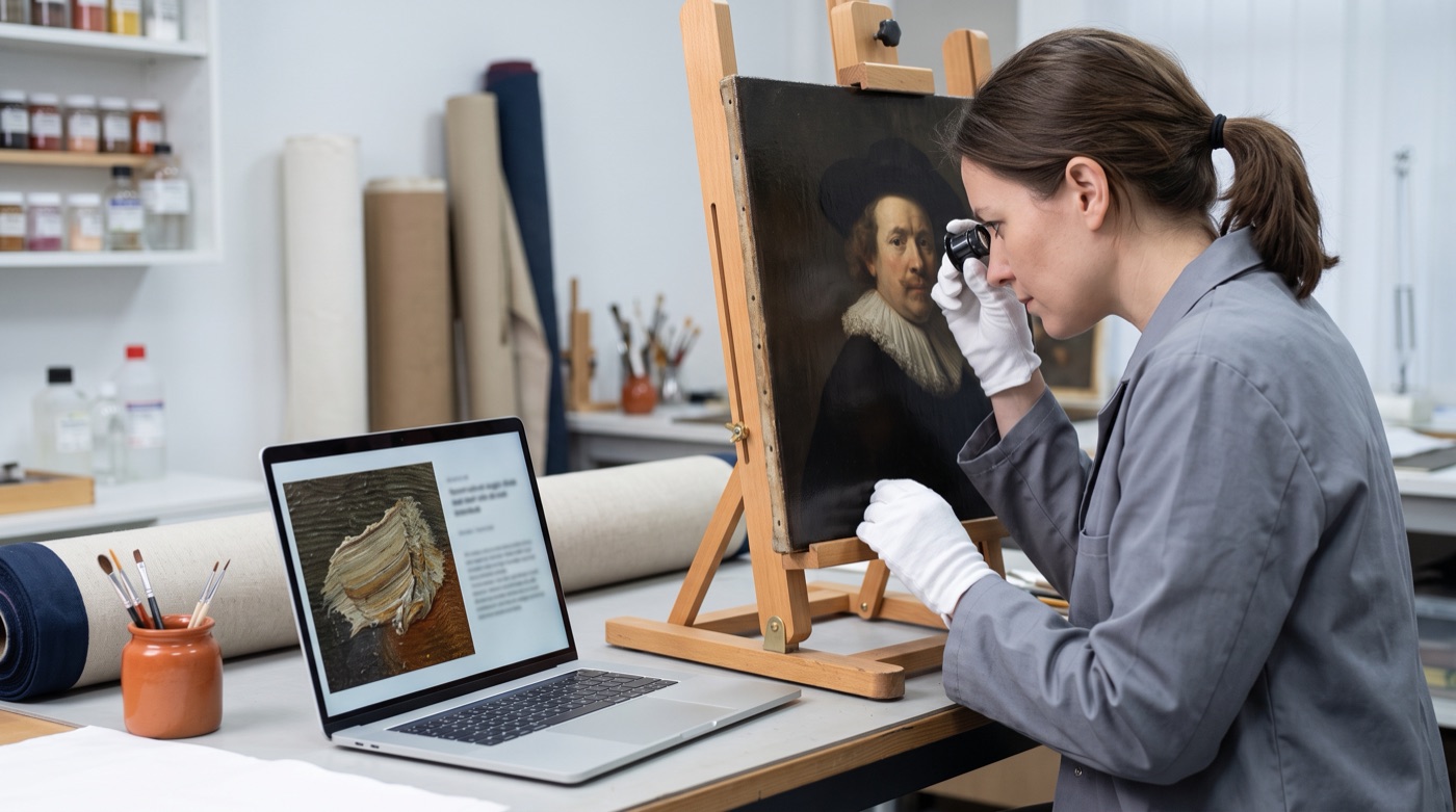 A conservator in white gloves examining an old master painting with a loupe beside a laptop showing an enlarged brushstroke
