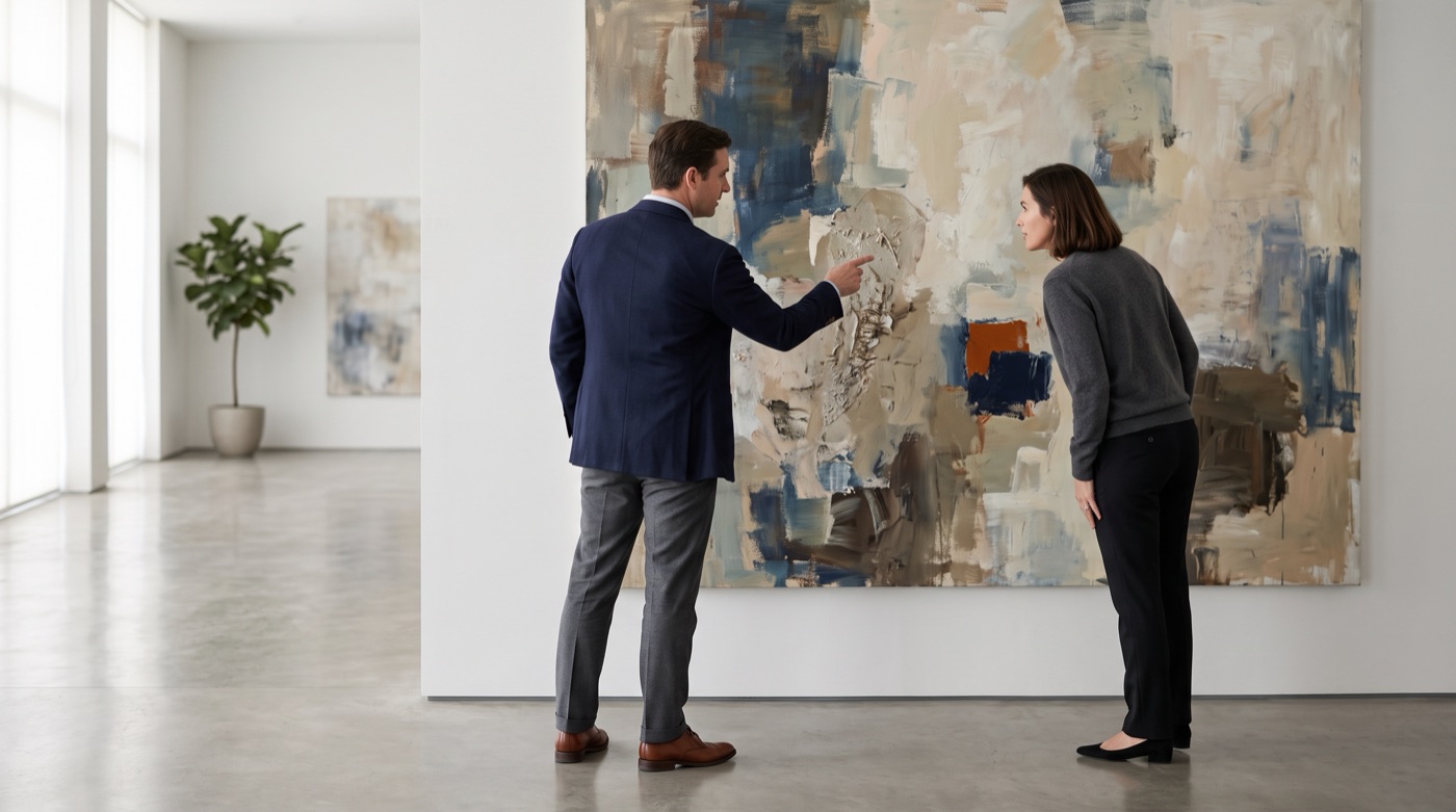 An art advisor and a collector talking quietly in front of a large abstract painting, the advisor pointing at a detail