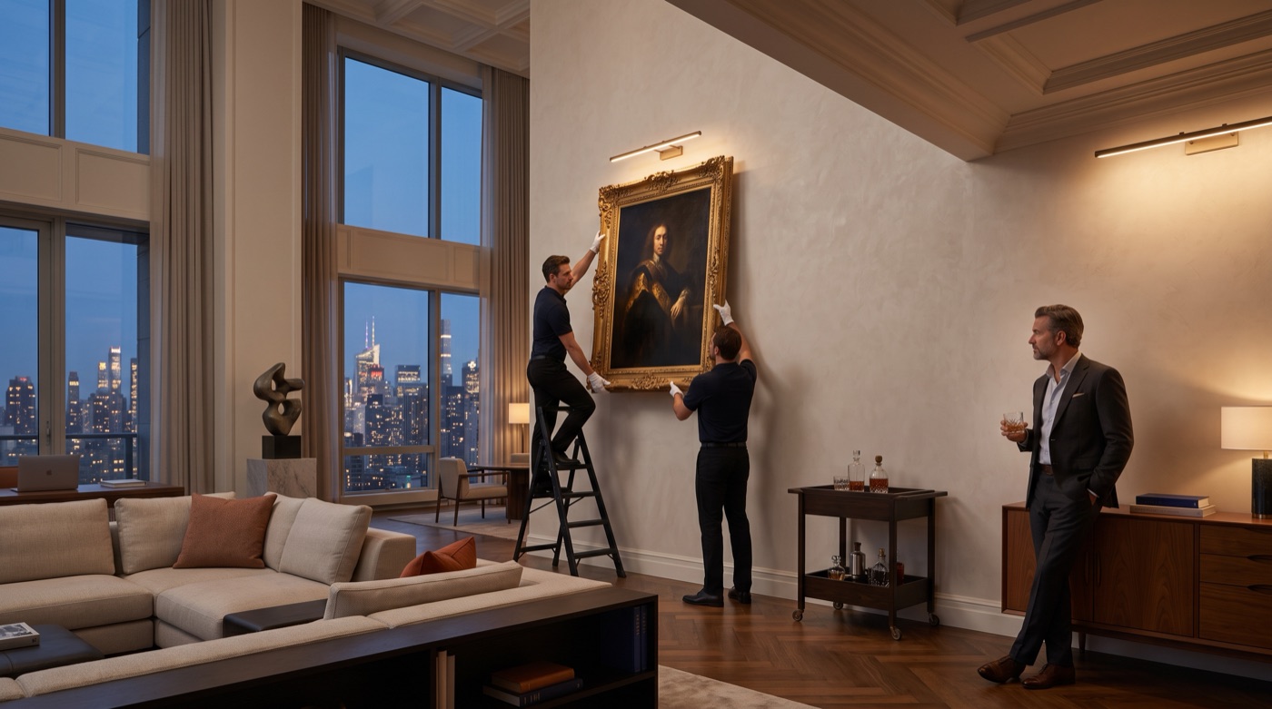 Two art handlers hanging a gilt-framed painting for a collector in a penthouse at dusk, city lights outside
