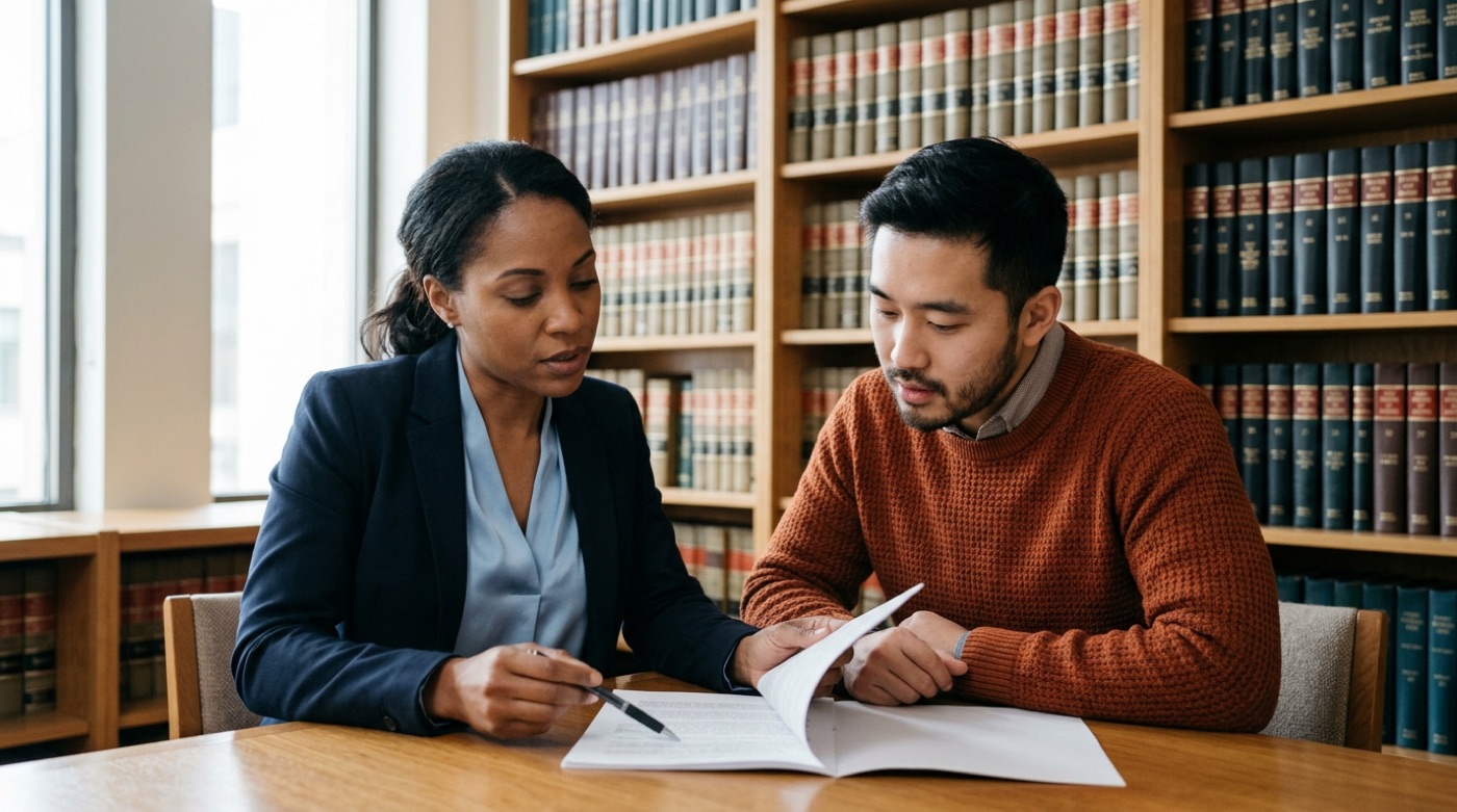 A lawyer and a startup founder reading a printed court ruling together in a law firm library