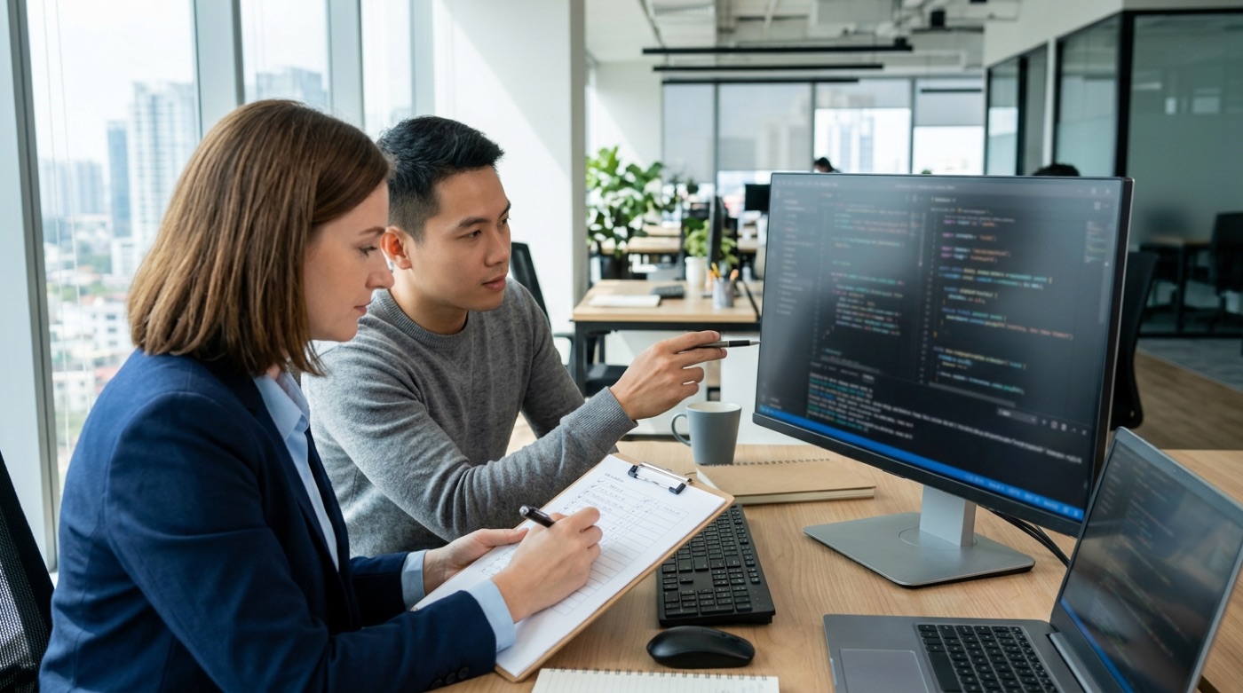 A project manager and a developer ticking off a paper checklist against source code on a monitor