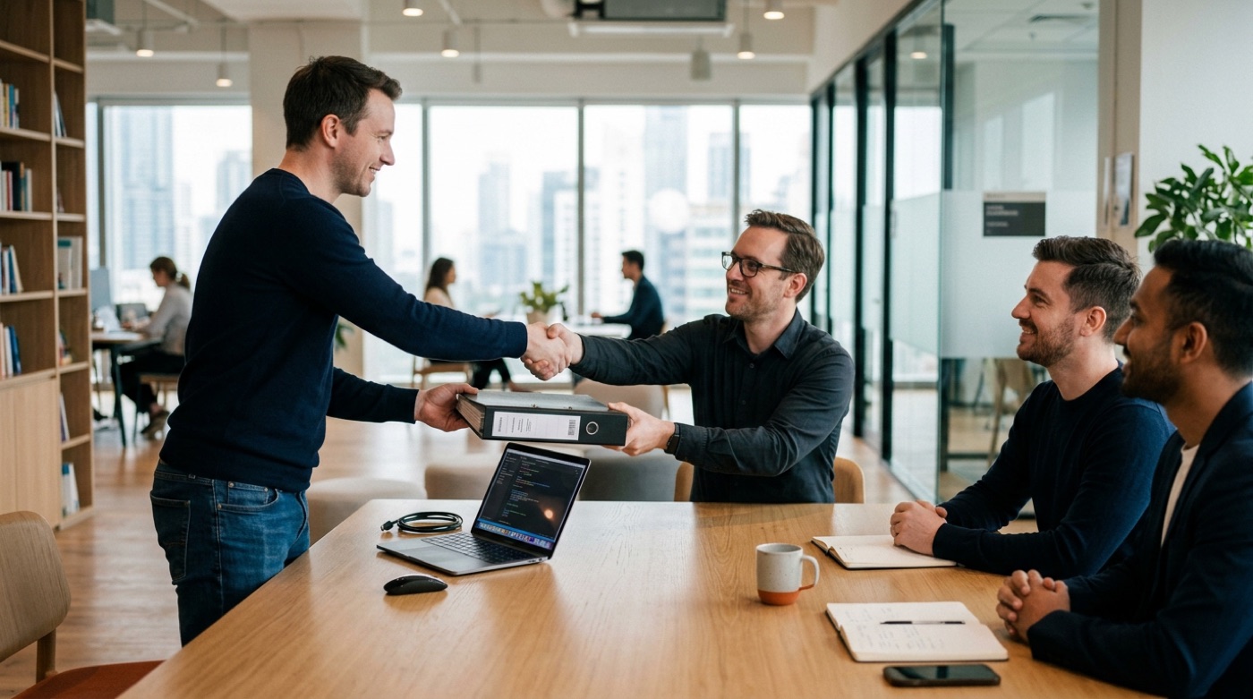 A developer hands a binder of system documentation to a new maintenance team, shaking hands across the table