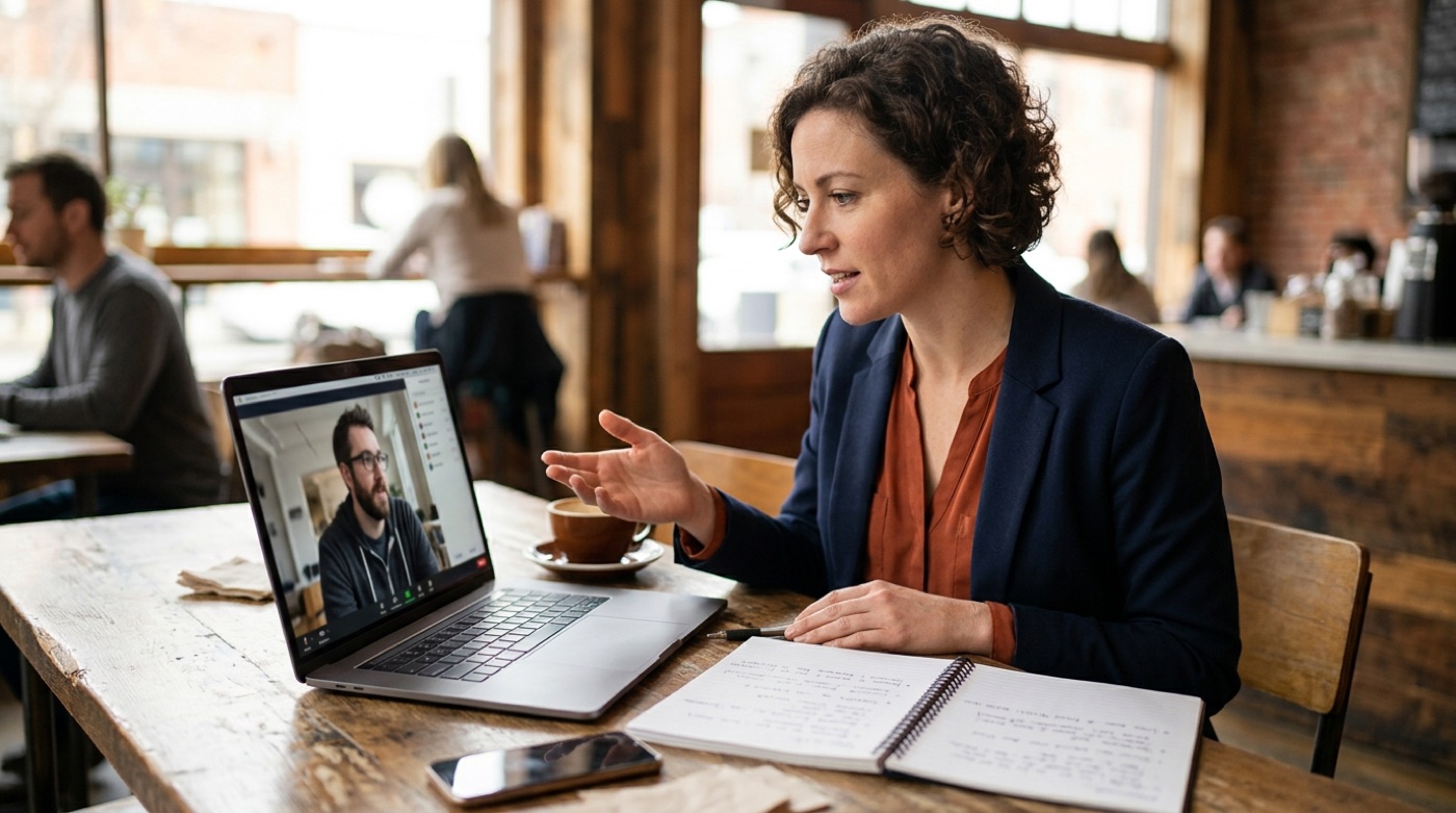A business owner at a cafe, video calling a developer with a notebook full of questions