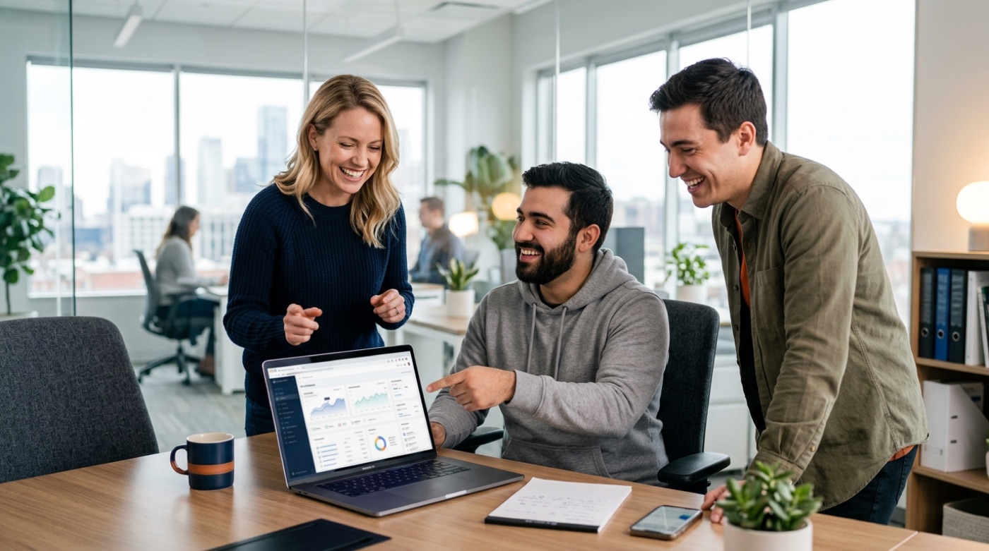 A business owner and two developers celebrating a new system launch around a laptop