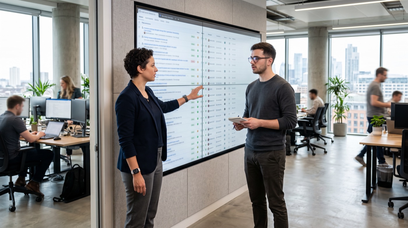 An engineering lead and a developer standing at a large screen, reviewing a long queue of code changes waiting for review