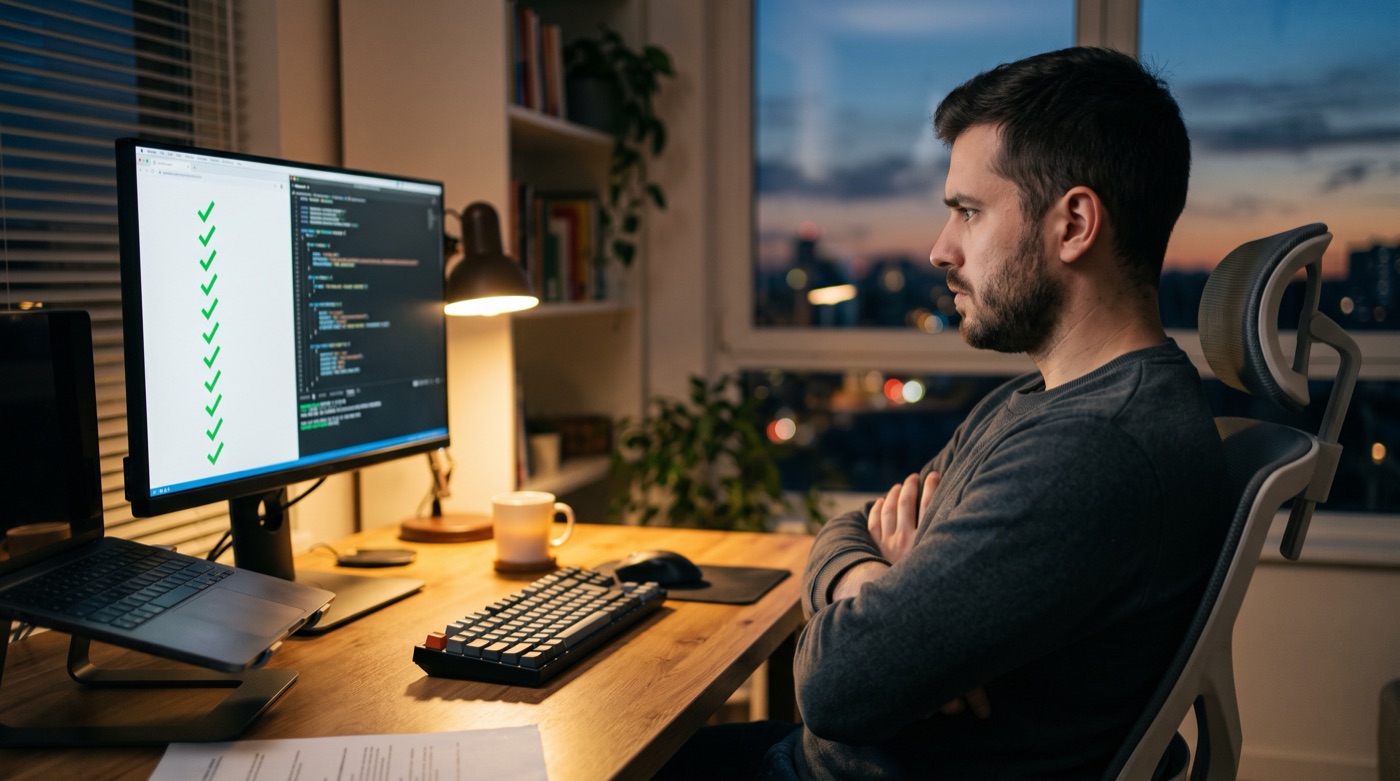 A developer alone at a desk looking at a full column of green passing checks on screen, still unconvinced