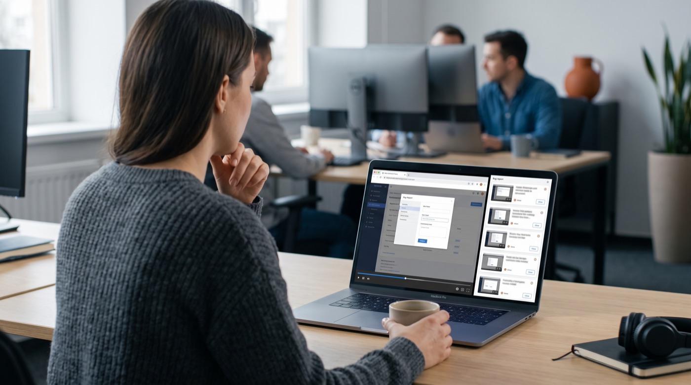 A QA engineer watching a video replay of an AI agent operating a website on a laptop, with a list of bug reports beside it