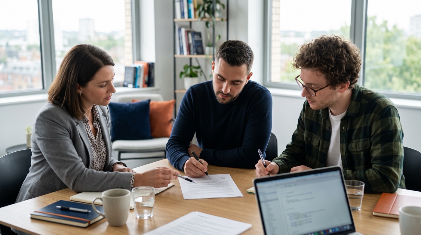 A business owner and a development team at a meeting table going through a checklist document line by line