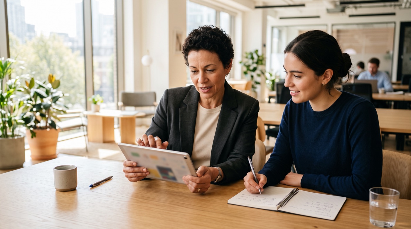 A business owner trying a new system hands-on on a tablet while a developer takes notes on the feedback