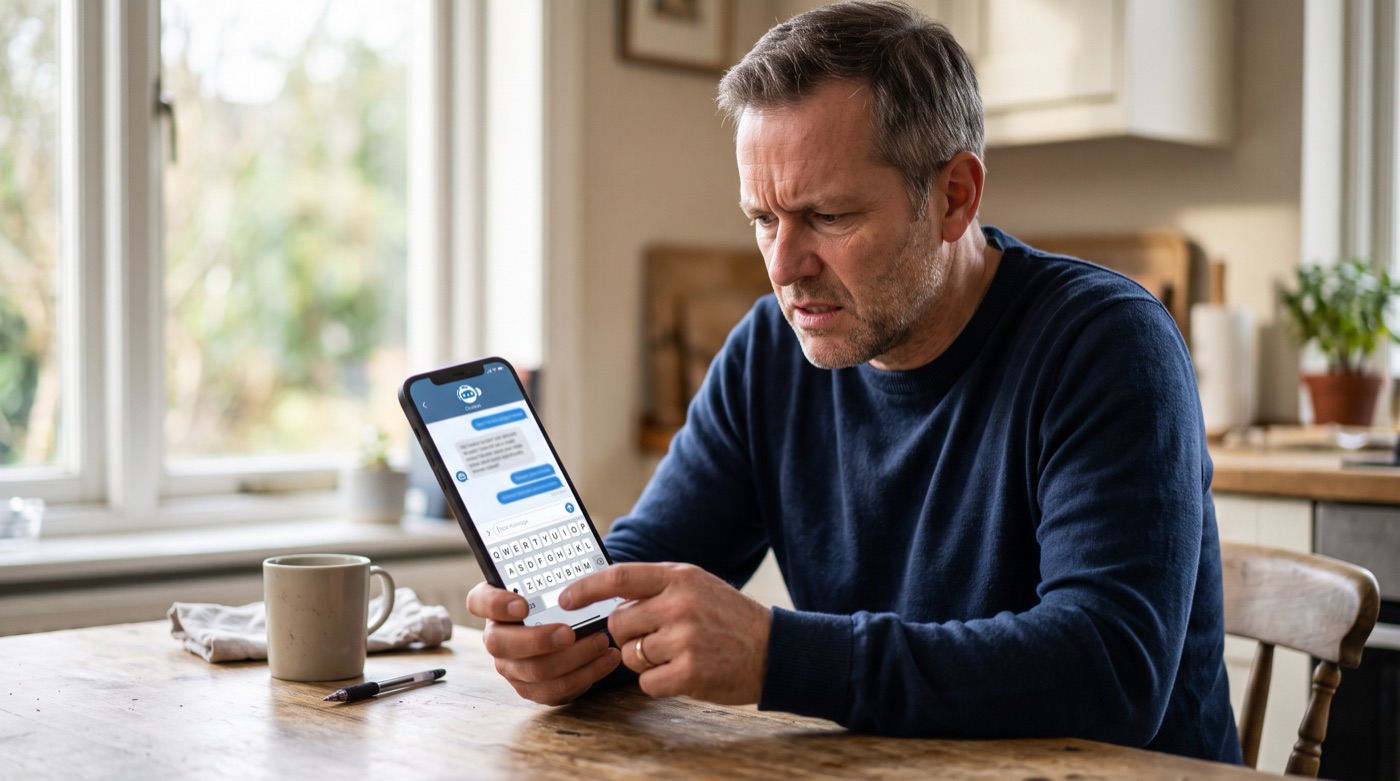 A frustrated man at his kitchen table searches an automated chat for a way to reach a real person.