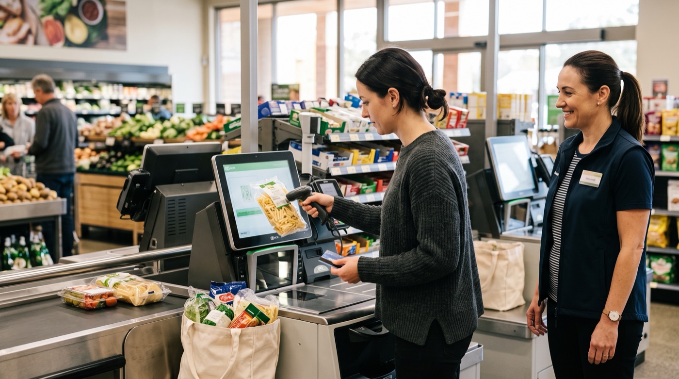 A shopper uses a self-checkout with confidence while a store employee stands by to help.