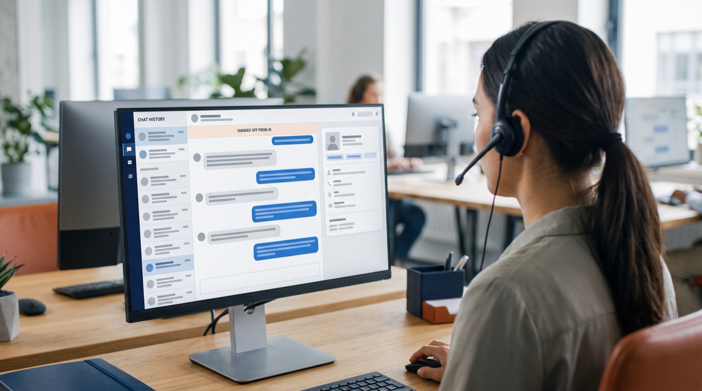 A support agent takes over a chat with the full AI conversation history and a customer summary on screen.