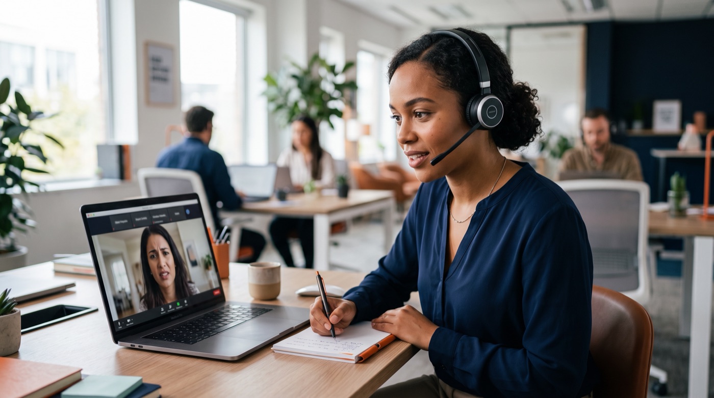 A support agent with a headset listens with empathy to an upset customer on a video call.
