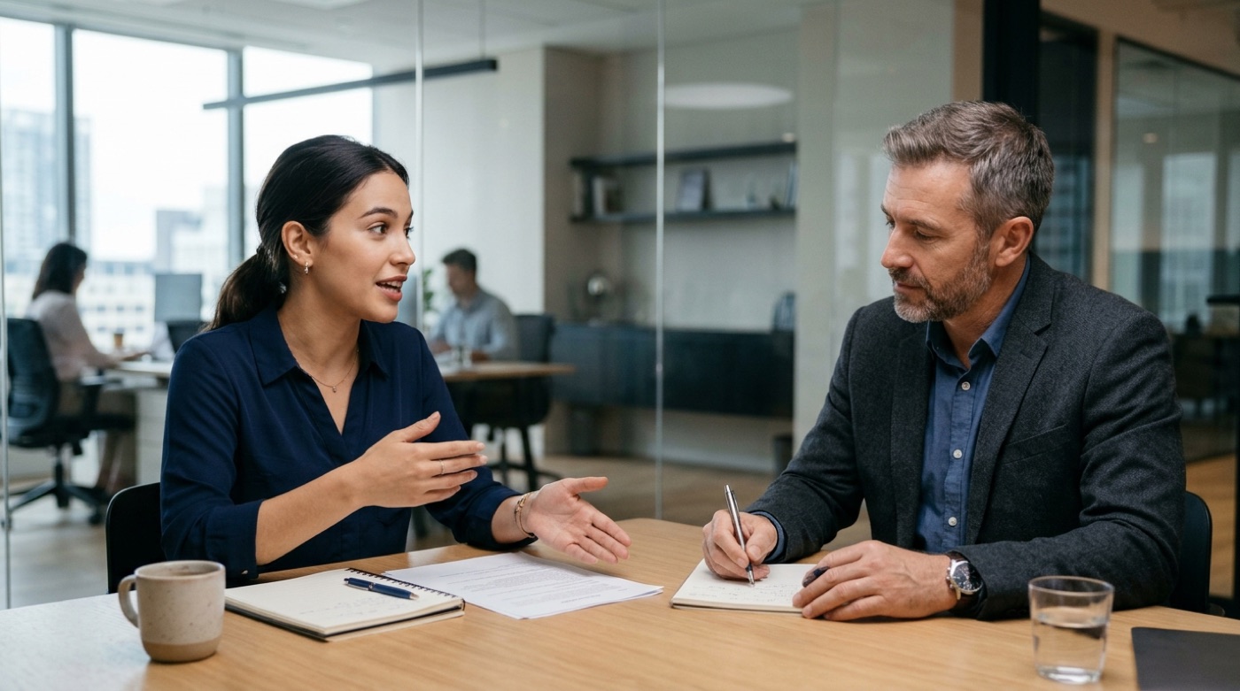 An employee explains the decisions she made on a project while her manager takes notes