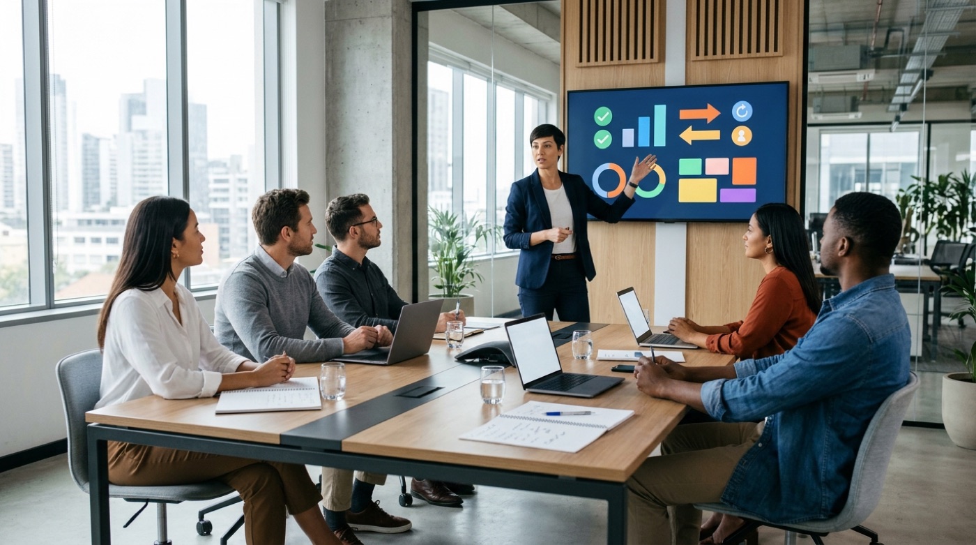 A team lead walks colleagues through the team's AI usage rules in a meeting room
