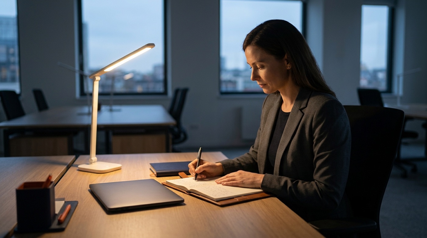 A manager alone at her desk in the evening, writing feedback for an employee by hand