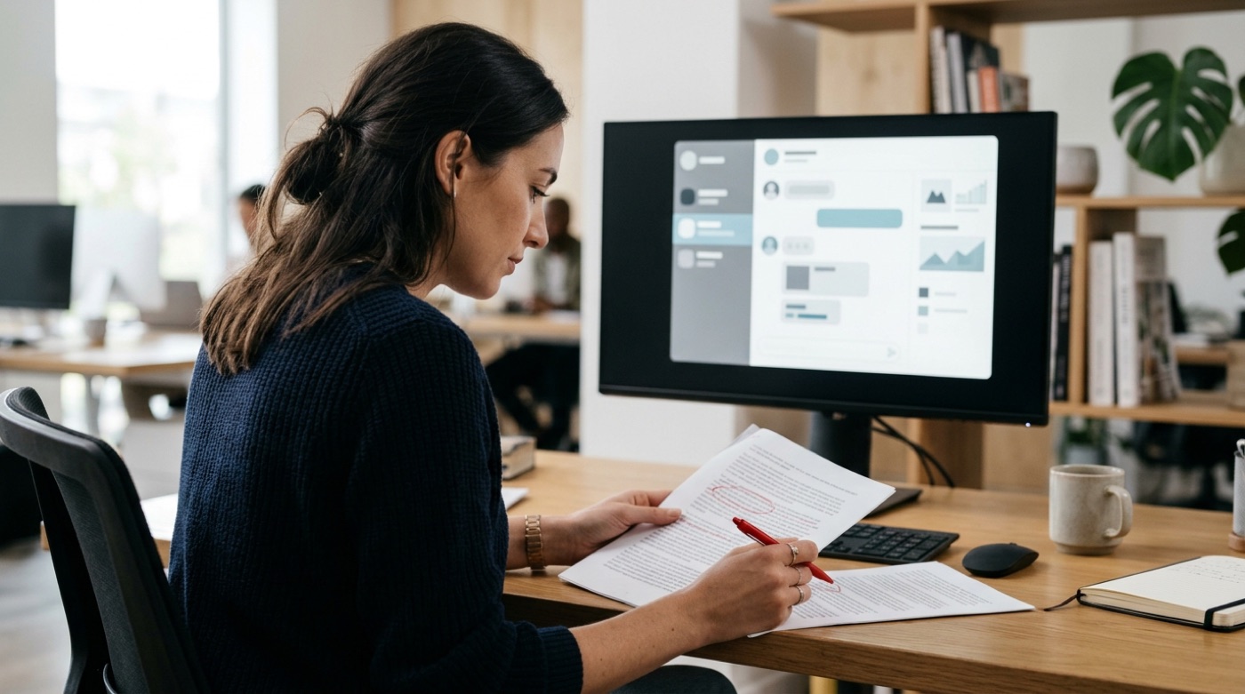 An employee checks a printed draft with a red pen, circling a mistake in AI-generated output
