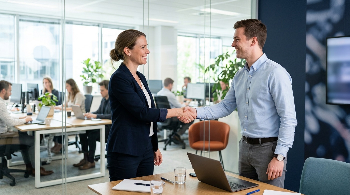 A manager and an employee shake hands at the end of a review meeting