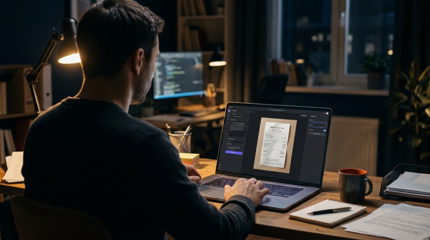 An employee at a home desk late at night generates a realistic paper receipt image with an AI tool on a laptop