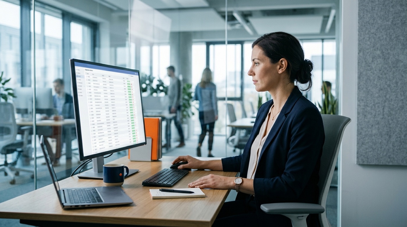 A finance manager in a glass-walled office scrolls through a long list of small, automatically approved expense claims