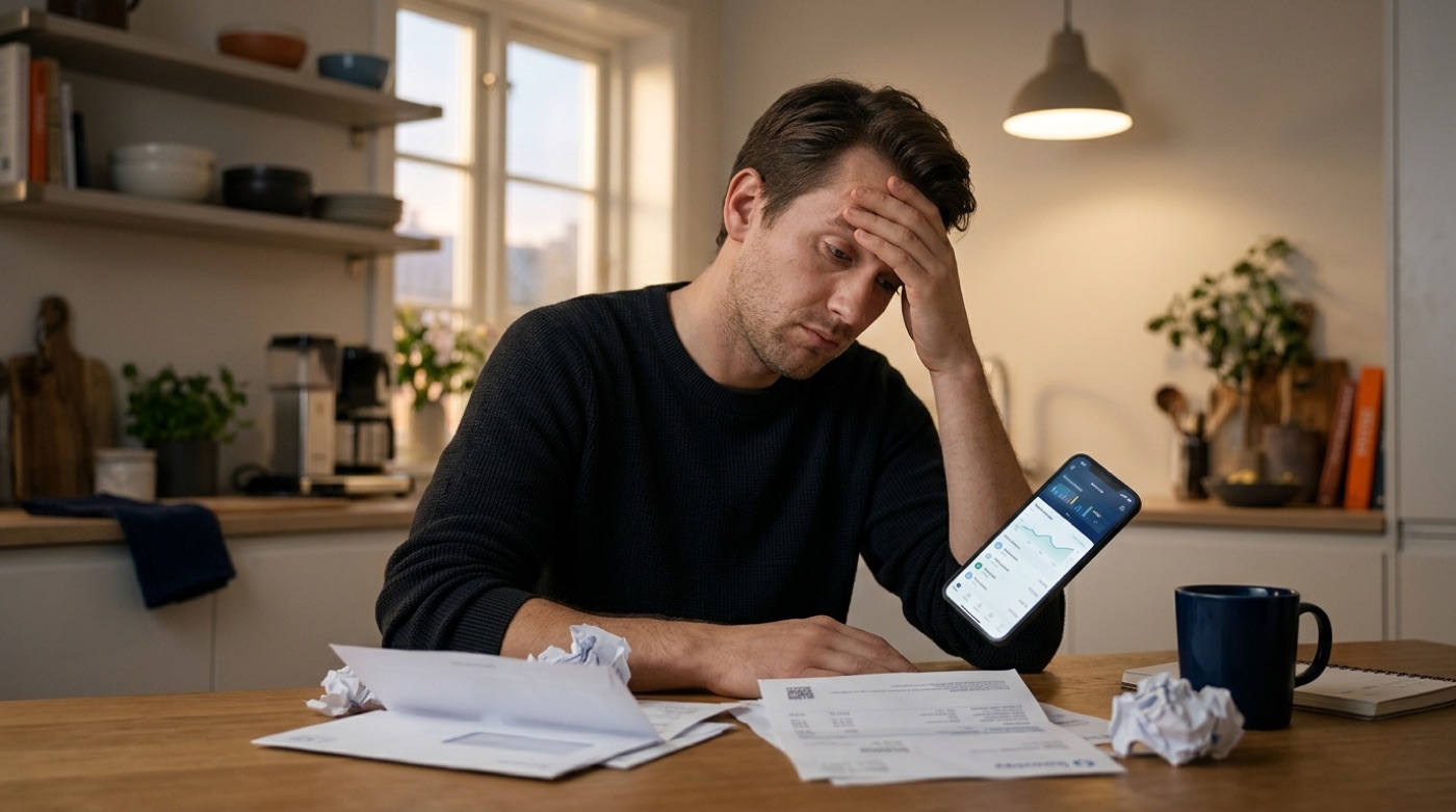 A worried employee at a kitchen table checks a banking app beside a pile of unpaid bills while waiting for reimbursement